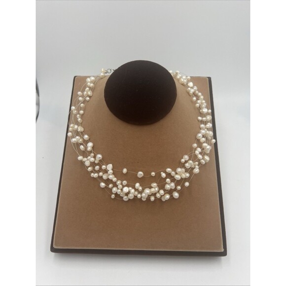 Vtg Crown Trifari Necklace Floating Pearls Illusion Real Pearls Wedding Multi - Picture 8 of 8